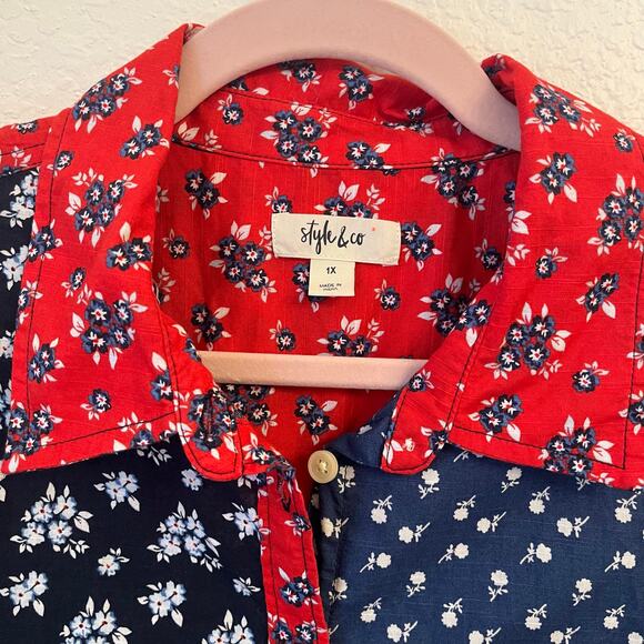 Style & Co Button Up Shirt Women’s 1X Cotton Red Blue Patchwork Ditsy Floral - Picture 4 of 12